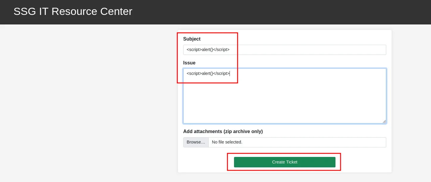 el formulario de nuevo ticket con una carga <script>alert(1)</script> en el cuerpo