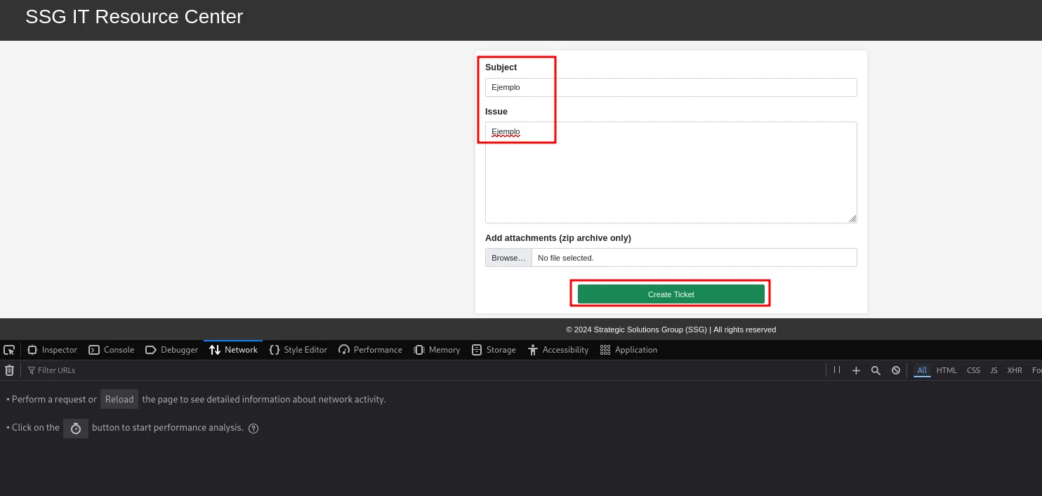 el formulario de nuevo ticket con Subject e Issue rellenos y el botón Create Ticket resaltado, con la pestaña Network del inspector abierta debajo