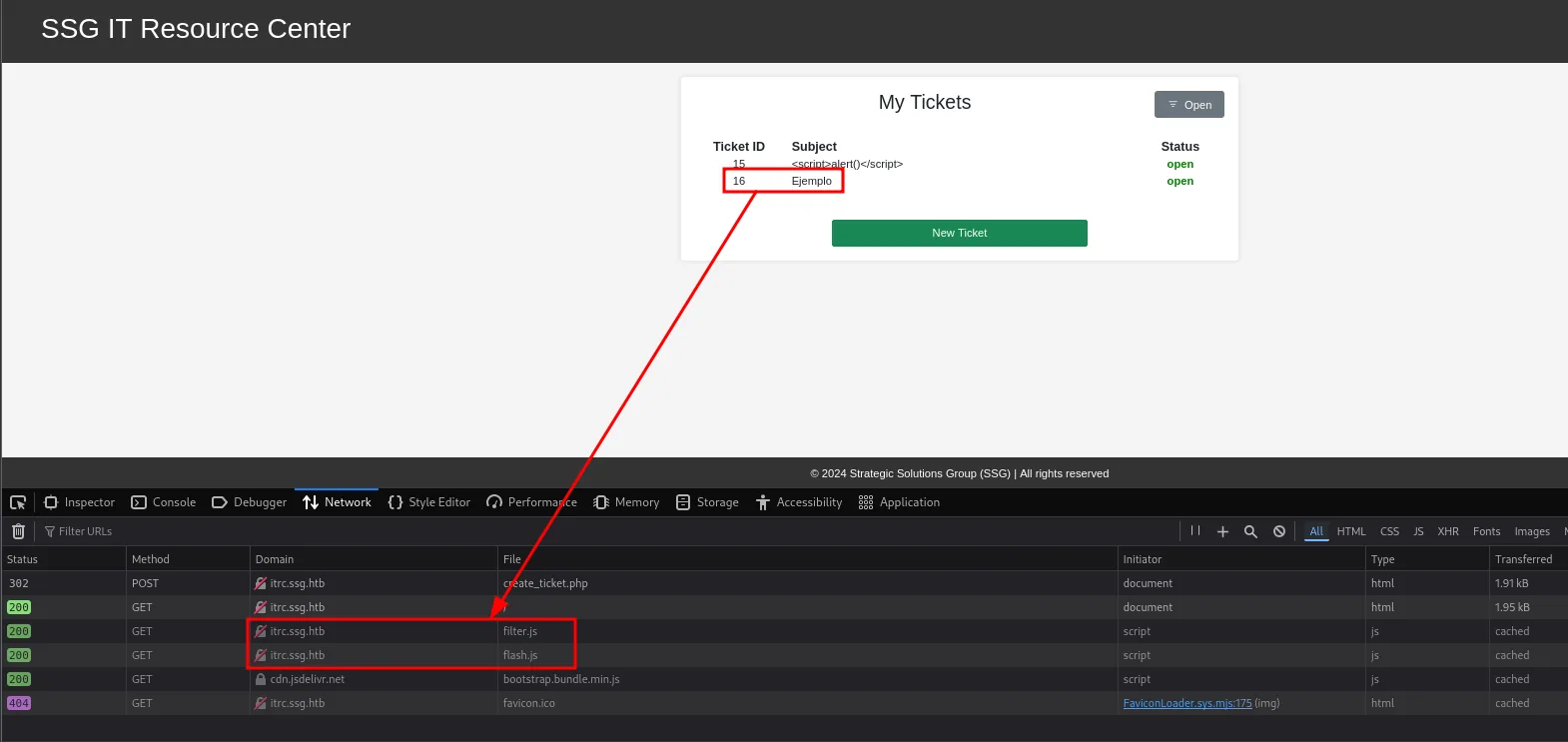 la pestaña Network tras crear el ticket, con las peticiones a filter.js y flash.js resaltadas entre el resto