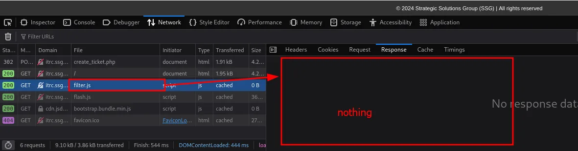 el detalle de filter.js en el inspector: la pestaña Response no muestra datos, con el aviso No response data