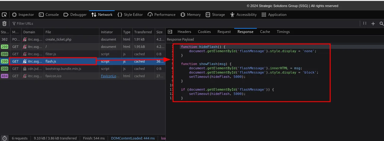 la pestaña Network con el fichero flash.js y su contenido: la función showFlash(msg) asigna document.getElementById('flashMessage').innerHTML = msg