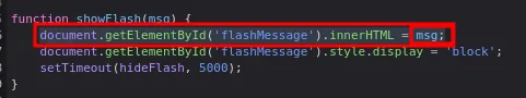 la función showFlash resaltando la asignación de msg al innerHTML del elemento flashMessage