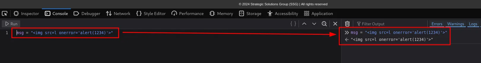 en la consola del navegador se define la variable msg con un img onerror