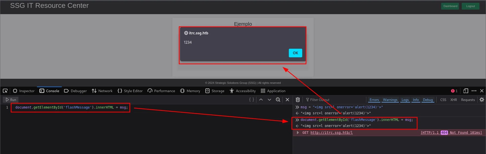 al ejecutar document.getElementById('flashMessage').innerHTML = msg salta la alerta: el sink es explotable