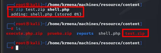 zip test.zip shell.php empaquetando la webshell