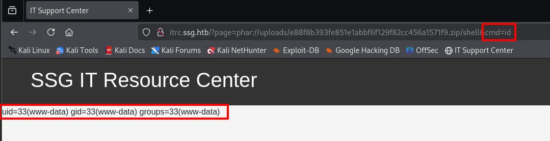 cargando el .zip con phar:// y cmd=id la web devuelve uid=33(www-data)