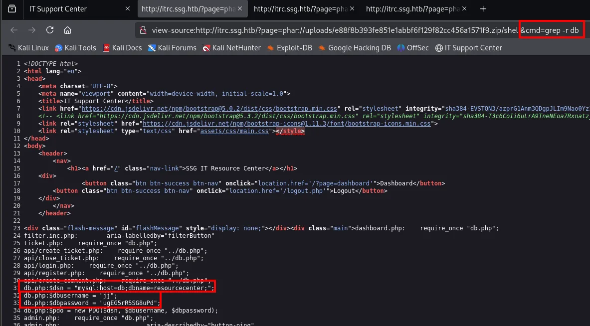 la webshell mostrando el contenido de db.php con el usuario jj y la contraseña ugEG5rR5SG8uPD para la base resourcecenter