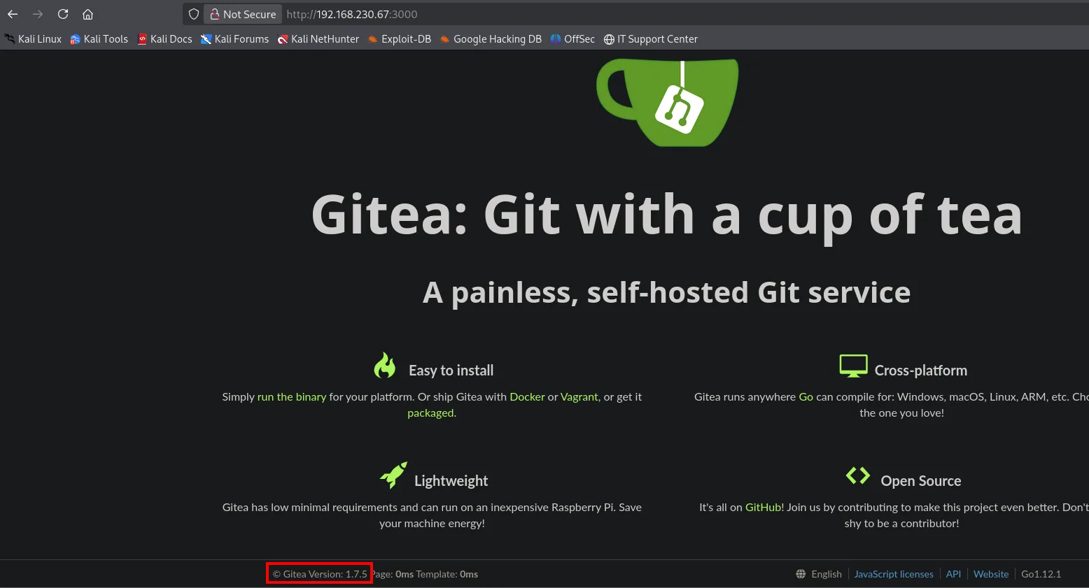 Instancia de Gitea v1.7.5 en el puerto 3000