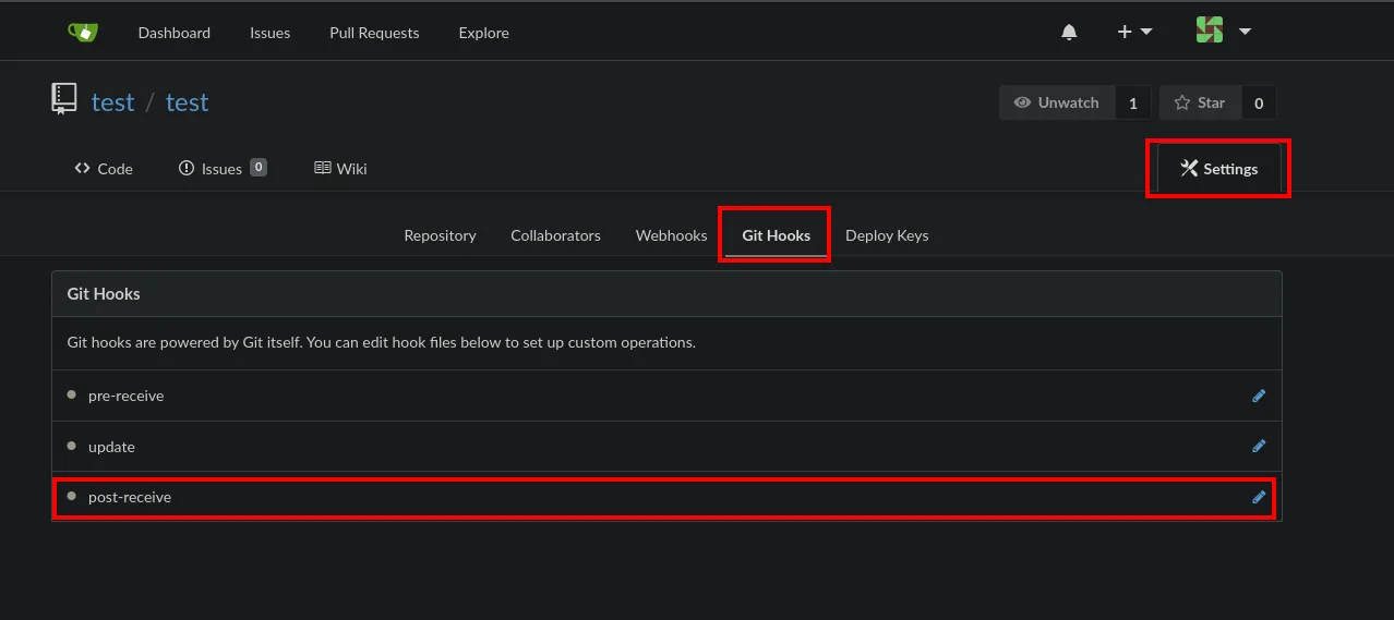 Settings > Git Hooks del repo: pre-receive, update y post-receive editables