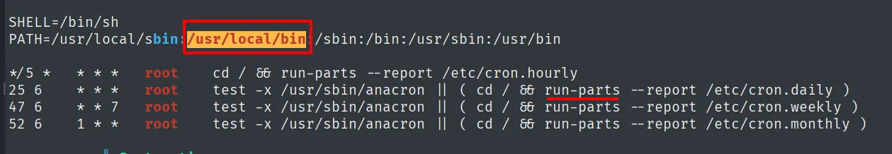 linpeas muestra /usr/local/bin en el PATH y el cron de root llamando a run-parts