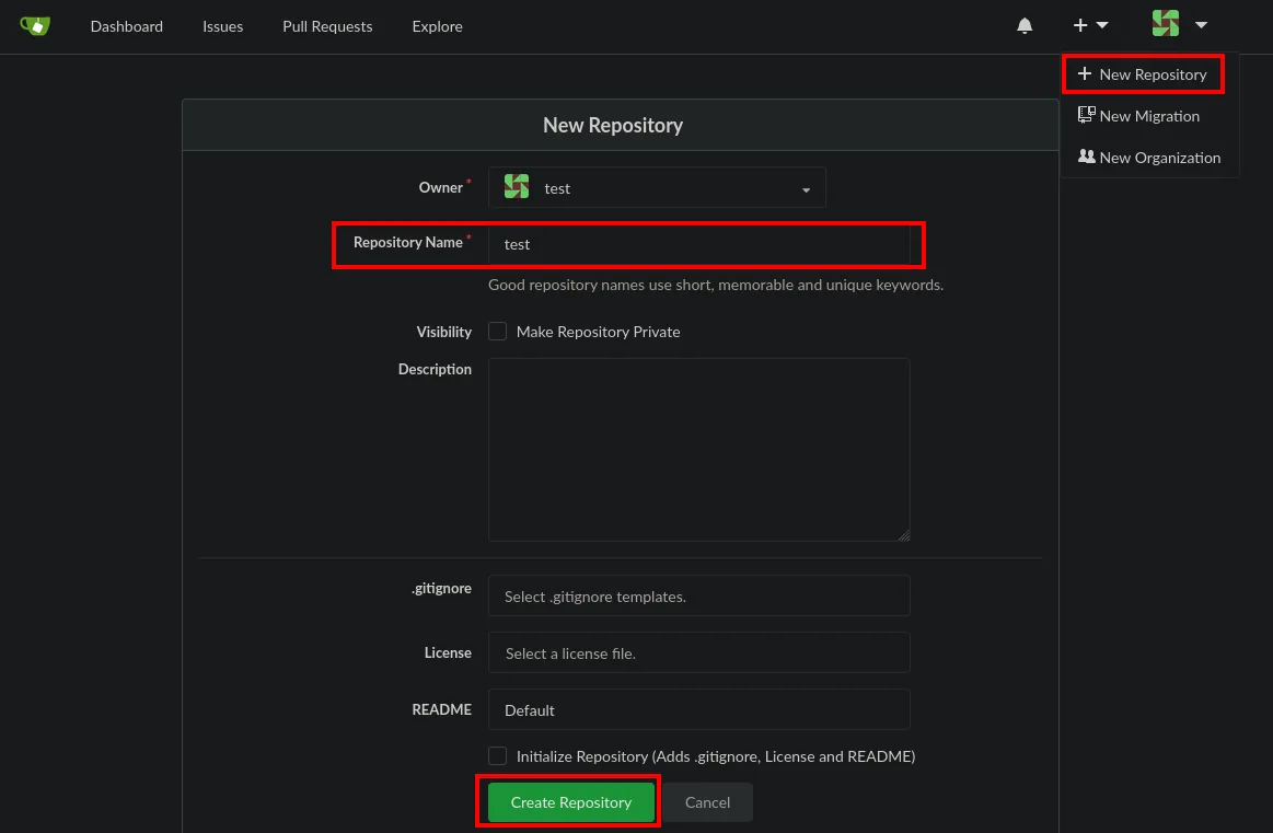 Gitea New Repository: repositorio test propiedad de test