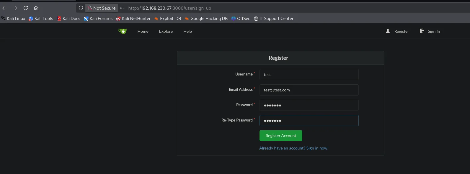 Registro en Gitea del usuario test / test@test.com