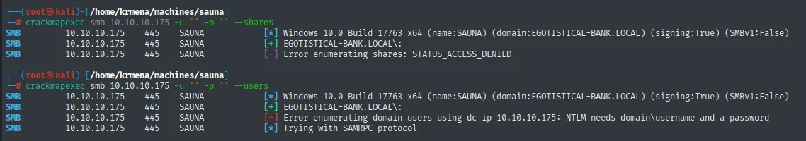 crackmapexec autenticando con [+] EGOTISTICAL-BANK.LOCAL\: pero devolviendo STATUS_ACCESS_DENIED al enumerar recursos y un aviso de que NTLM necesita usuario y contraseña para los usuarios