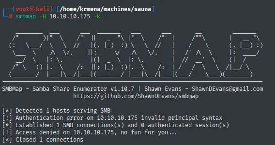 smbmap estableciendo una conexión SMB pero con 0 sesiones autenticadas y el mensaje "Access denied on 10.10.10.175, no fun for you..."