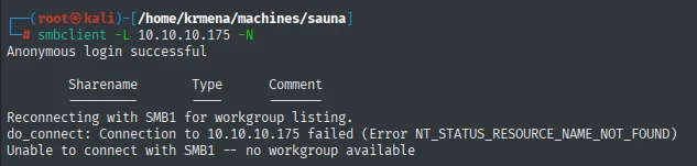 smbclient devolviendo "Anonymous login successful" pero con la tabla de Sharename vacía y un fallo posterior al reintentar con SMB1