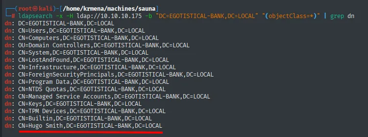 Volcado de DNs por LDAP: entre los contenedores de sistema aparece CN=Hugo Smith
