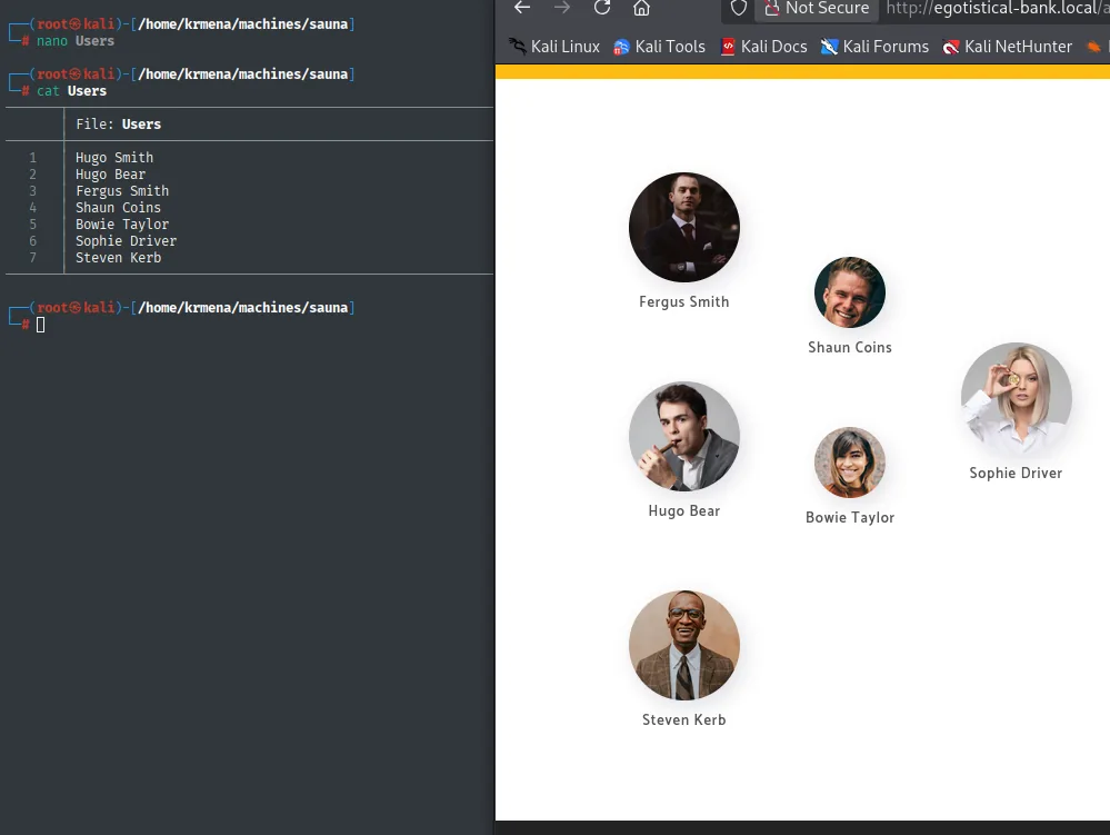 El fichero Users con siete nombres (Hugo Smith, Hugo Bear, Fergus Smith, Shaun Coins, Bowie Taylor, Sophie Driver, Steven Kerb) junto a la página "Meet The Team" de donde salen
