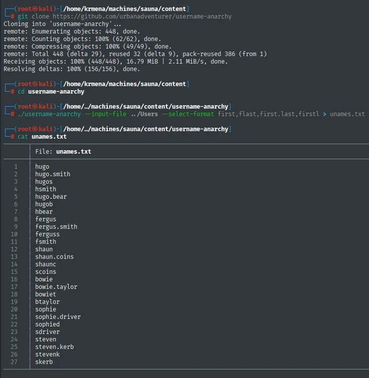 username-anarchy genera la lista de posibles samAccountName a partir de los nombres reales