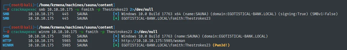 crackmapexec confirma WinRM con (Pwn3d!) para fsmith