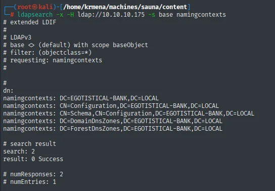 ldapsearch devolviendo los cinco namingContexts del dominio, entre ellos DC=EGOTISTICAL-BANK,DC=LOCAL y los contextos de configuración, esquema y zonas DNS