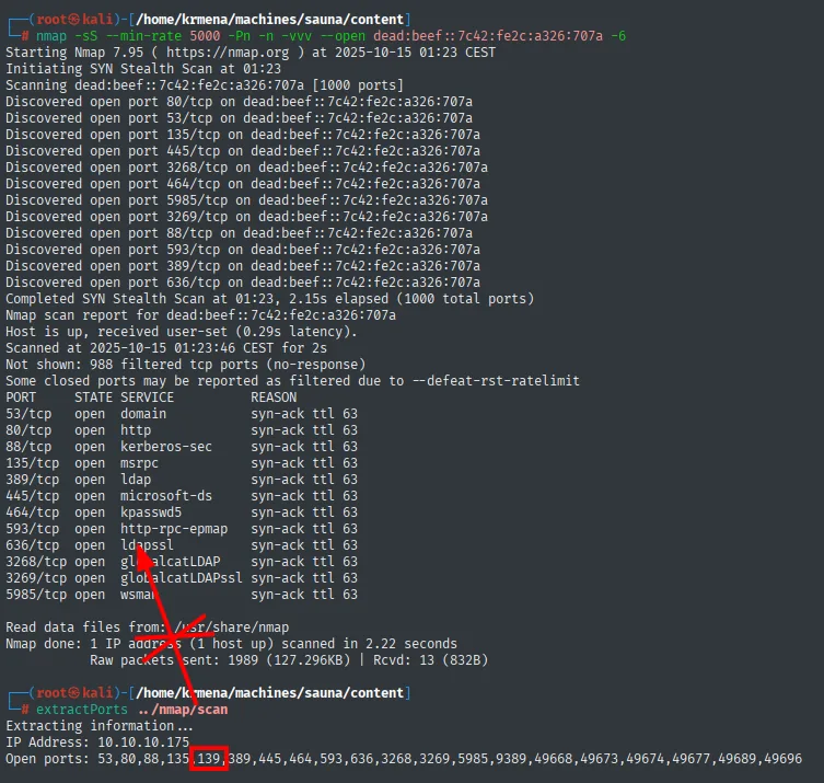 nmap sobre IPv6 descubriendo 15 puertos, y el extractPorts del escaneo IPv4 al lado señalando el 139 como el puerto que solo aparece por IPv4
