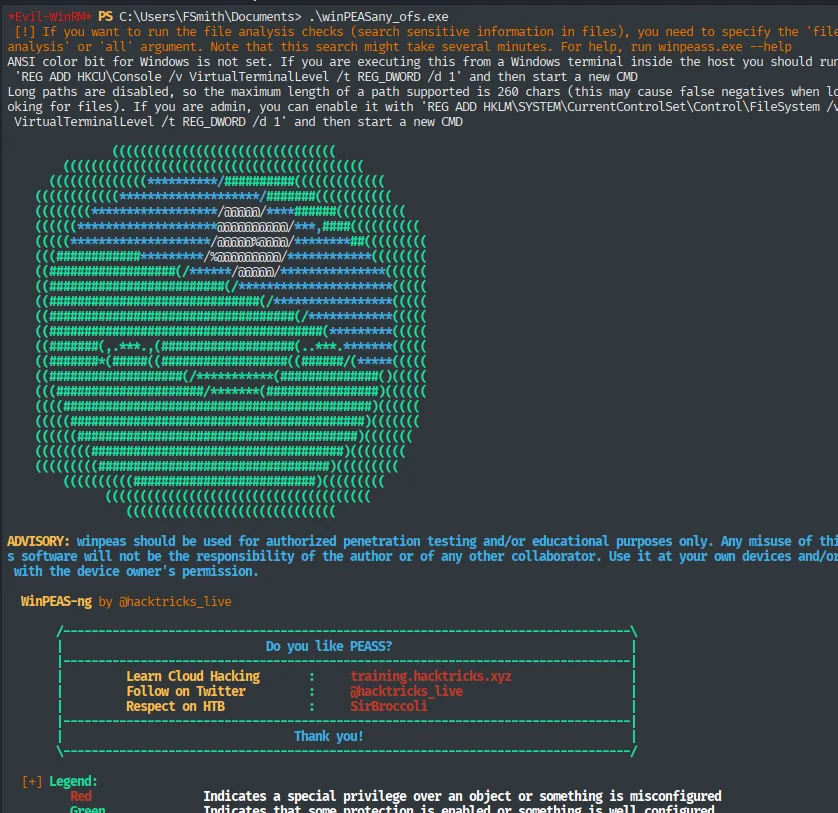 winPEAS arrancando con su banner ASCII y el aviso de que sin el bit de color ANSI la salida puede verse peor