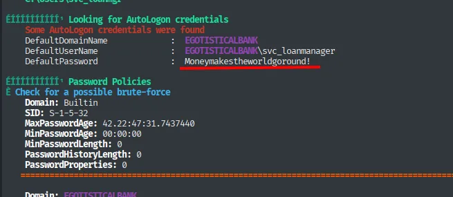winPEAS muestra credenciales de AutoLogon de svc_loanmanager