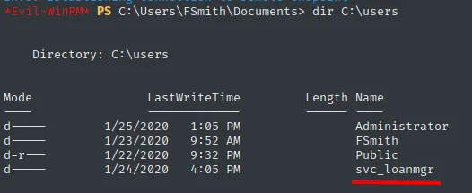 Perfiles en C:\Users: el usuario real es svc_loanmgr