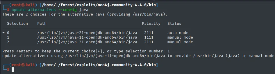 update-alternatives mostrando las dos alternativas de java y seleccionando la 1, java-11-openjdk-amd64