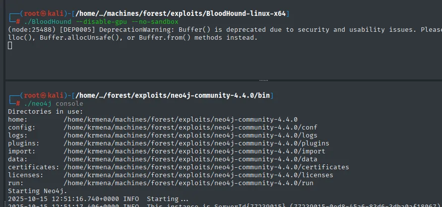 Los dos paneles: BloodHound arrancando con un aviso de deprecación de Buffer() y neo4j console listando sus directorios e iniciando el servicio