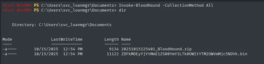 Invoke-BloodHound generando 20251015125401_BloodHound.zip de 9134 bytes junto al fichero .bin de caché
