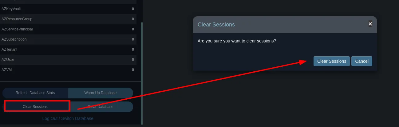 El mismo panel con "Clear Sessions" y su diálogo de confirmación