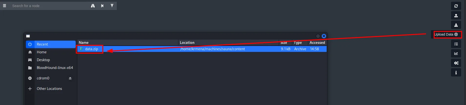 El diálogo "Upload Data" de BloodHound con data.zip seleccionado desde /home/krmena/machines/sauna/content