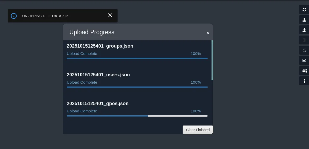 El progreso de carga descomprimiendo data.zip y completando al 100% los ficheros groups.json, users.json y gpos.json