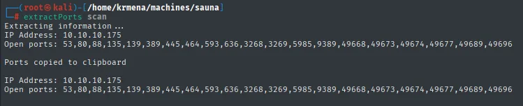 extractPorts devolviendo IP Address 10.10.10.175 y los 20 puertos abiertos separados por comas