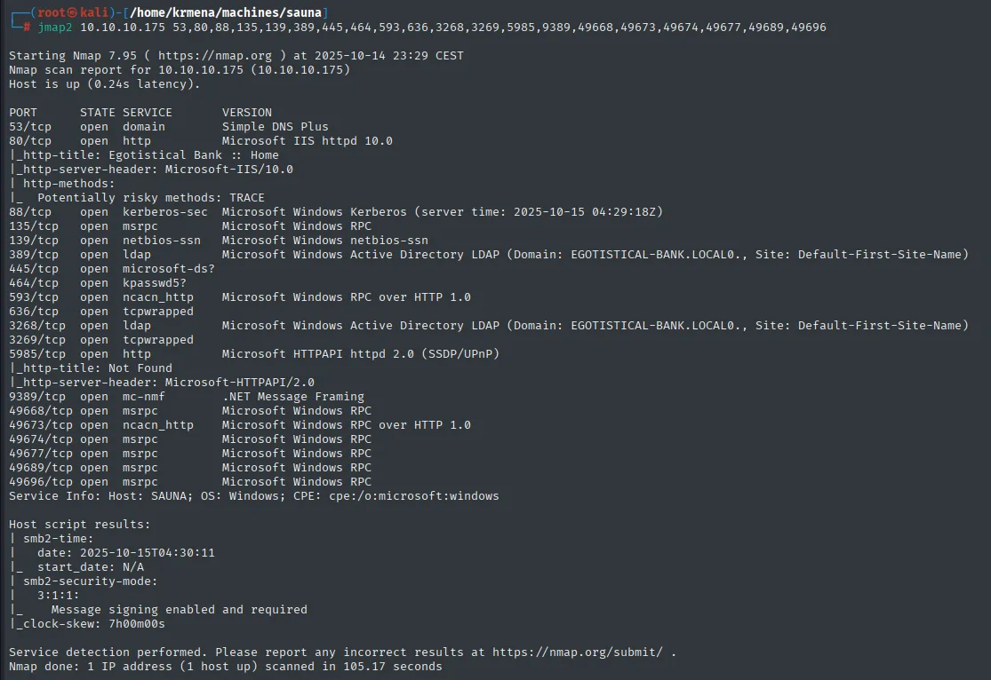 nmap -sCV revelando IIS 10.0 con el título Egotistical Bank, el dominio EGOTISTICAL-BANK.LOCAL en LDAP, y en los host scripts un clock-skew de 7h00m00s