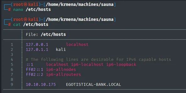 /etc/hosts con la línea 10.10.10.175 EGOTISTICAL-BANK.LOCAL añadida al final