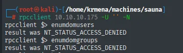rpcclient conectando pero devolviendo NT_STATUS_ACCESS_DENIED tanto en enumdomusers como en enumdomgroups