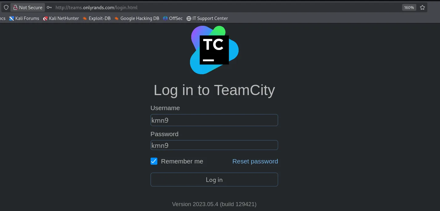 el login de TeamCity con kmn9 en usuario y contraseña, y la versión 2023.05.4 build 129421 al pie