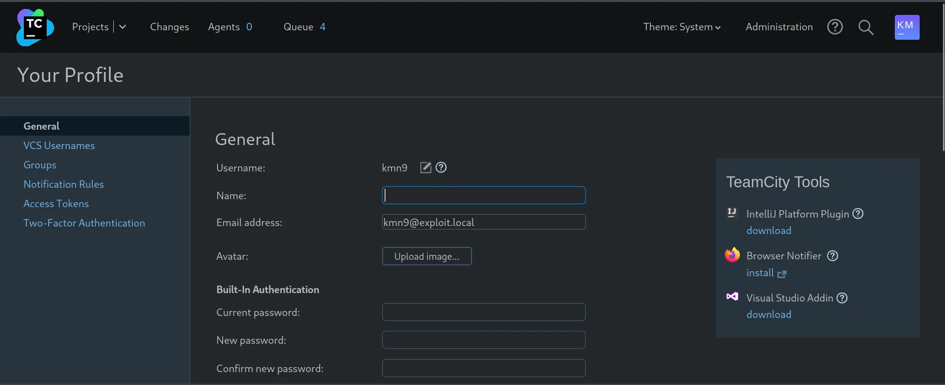 el perfil de kmn9 en TeamCity con el correo kmn9@exploit.local y el menu Access Tokens en la barra lateral